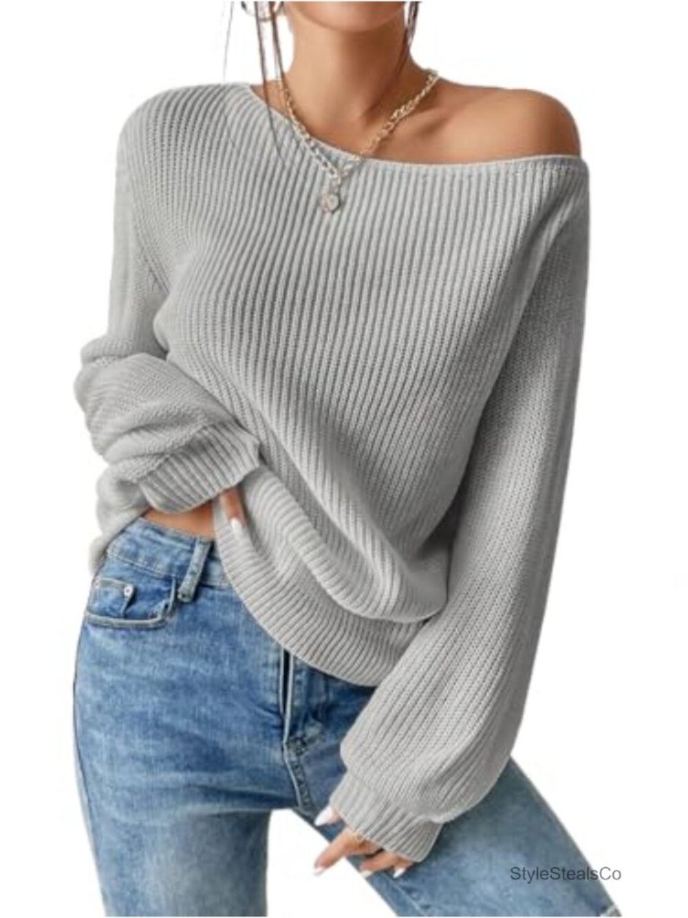 Womens Off Shoulder Ribbed Knit Sweater Asymmetrical Neck Long Sleeve Pullover